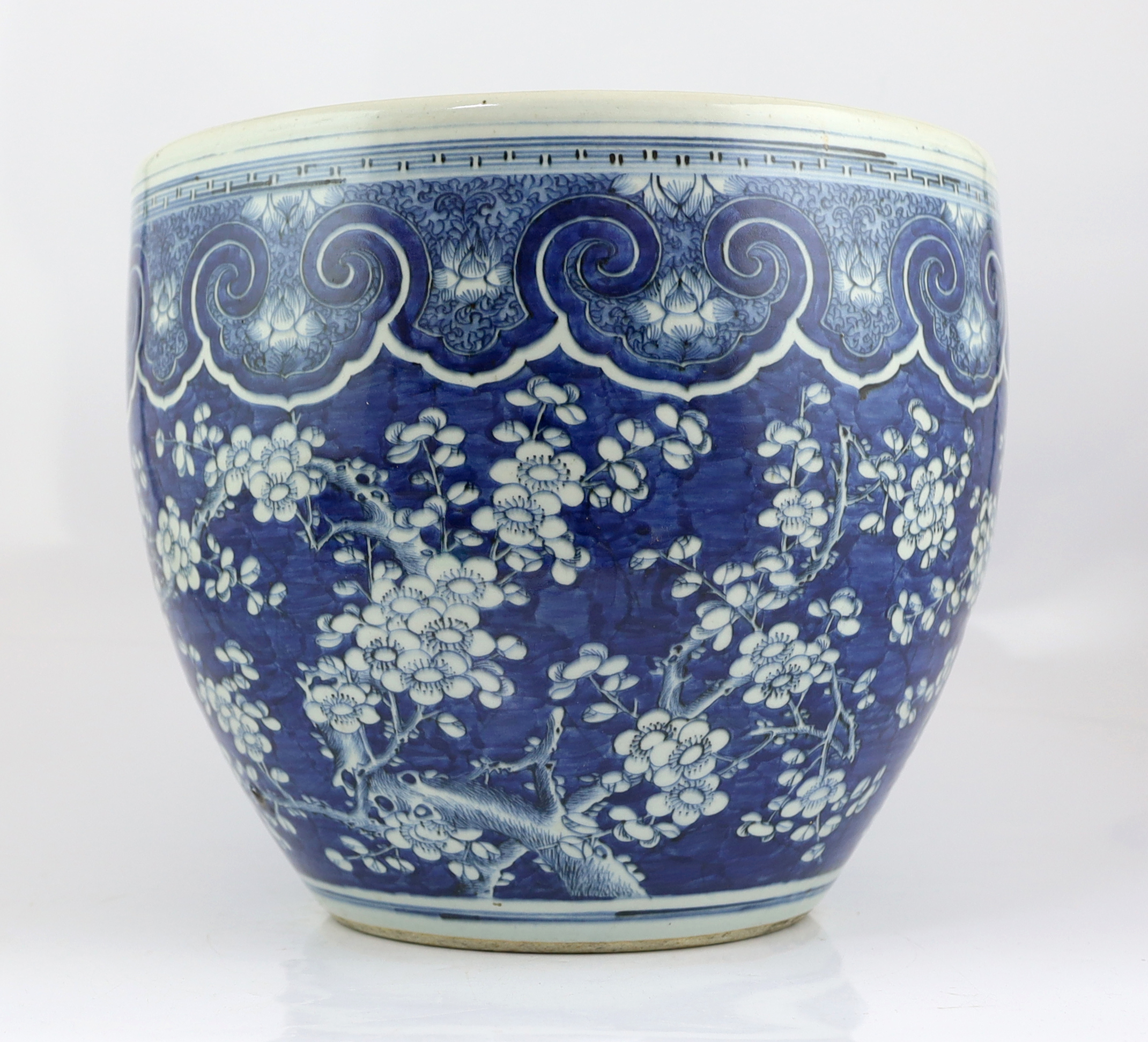 A large Chinese blue and white ‘prunus’ jardiniere, 19th century
